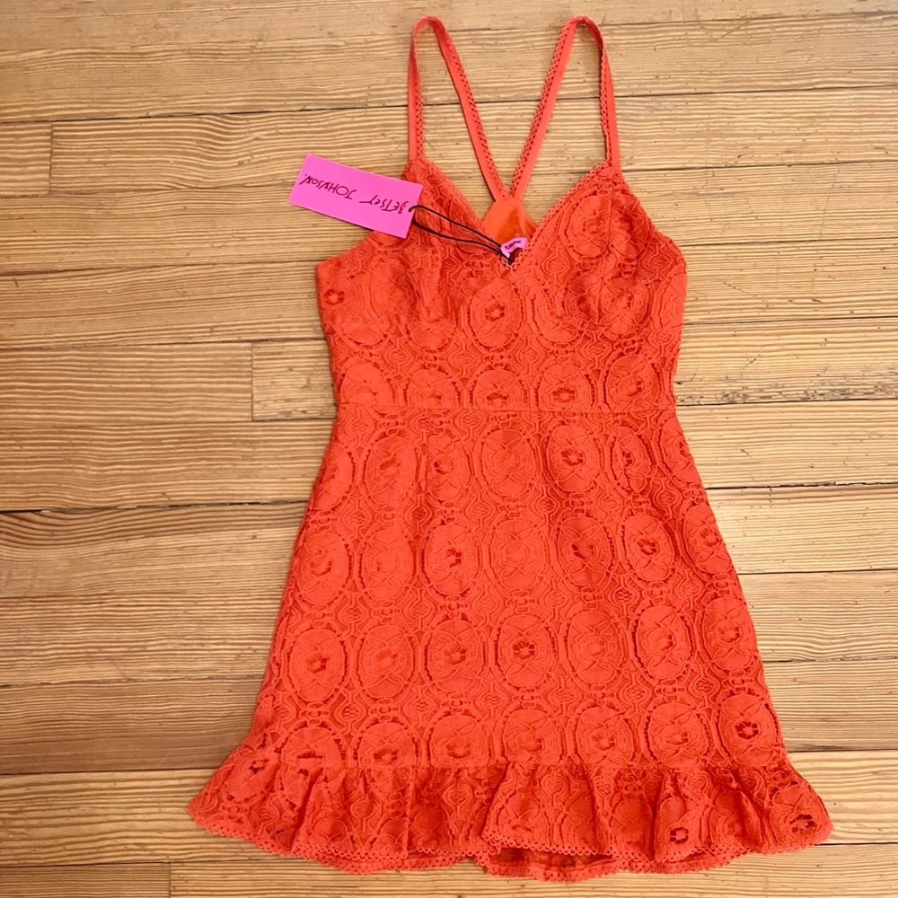 NWT Betsey Johnson Crochet Lace Ruffle Hem Mini Dress in Spicy Orange Sz S. - Picture 5 of 13